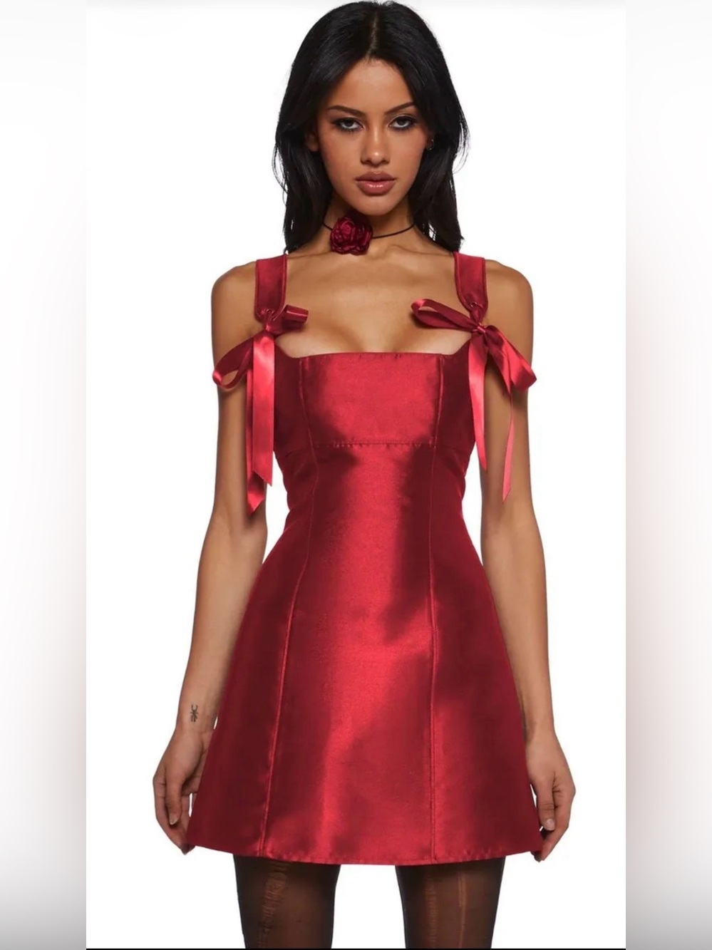 Dolls Kill Red Satin Strapless Bow-Shoulder Mini Dress HOT Brand New
